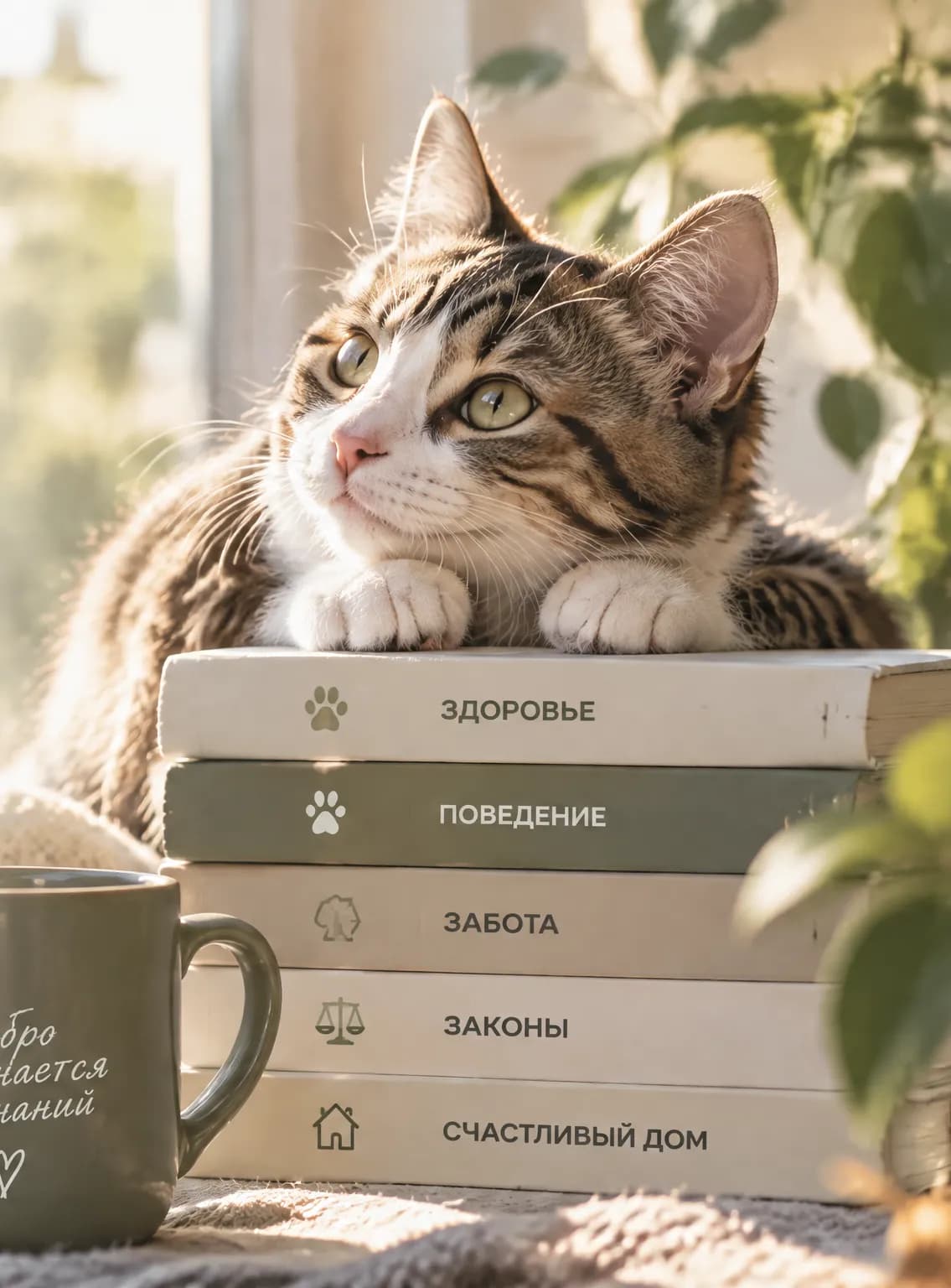 Кот лежит на стопке книг о здоровье, поведении и заботе