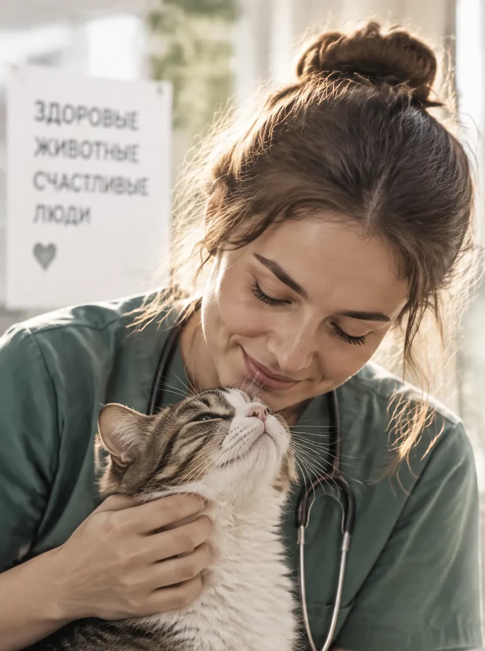 Ветеринар в форме с улыбкой обнимает кота